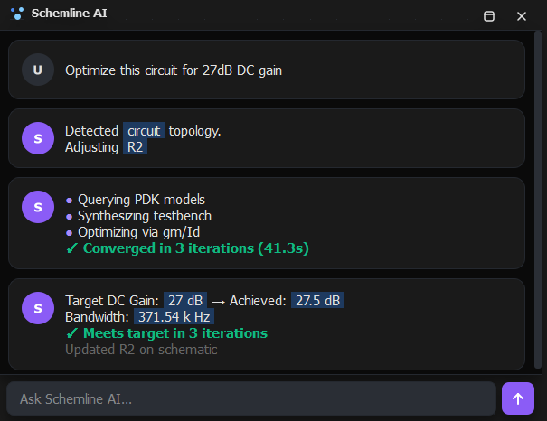 Schemline AI assistant optimizing an OTA circuit