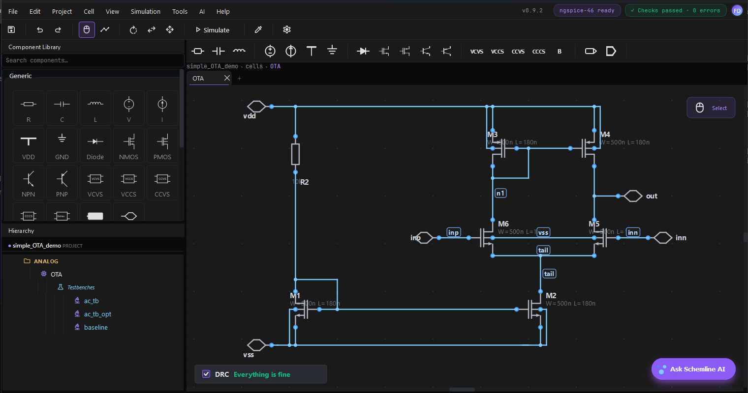 Schemline schematic editor showing OTA circuit